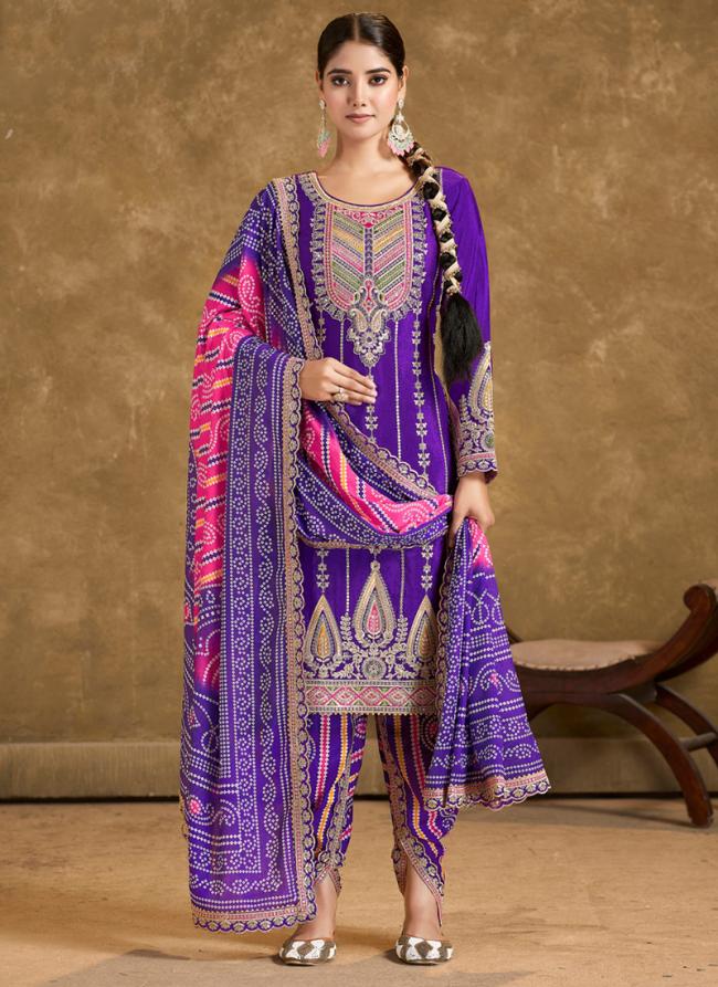 Chinnon Purple Wedding Wear Embroidery Work Readymade Afghani Pant Suit